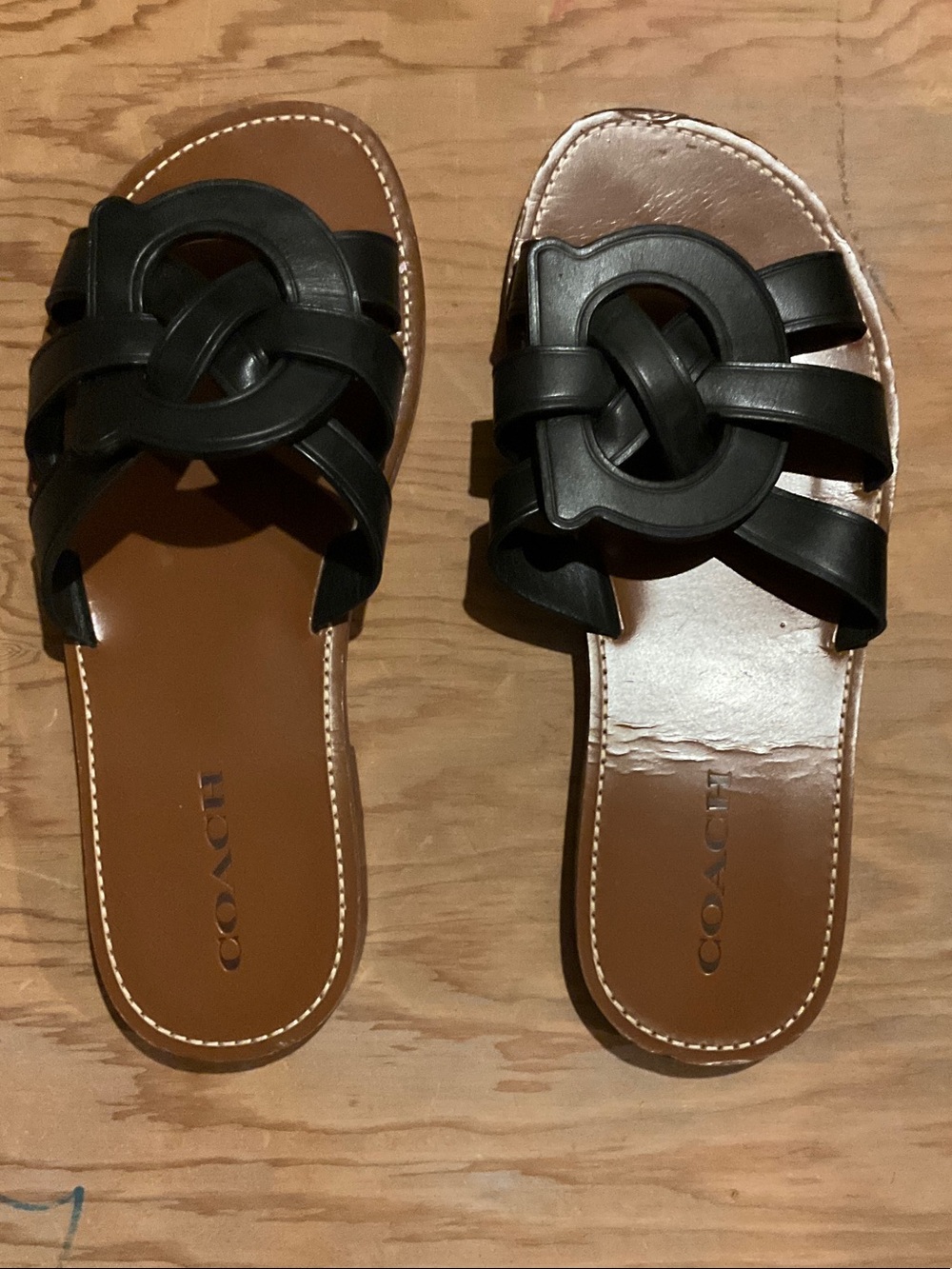 COACH Black Leather Knot Slide Sandals with Tan Footbed